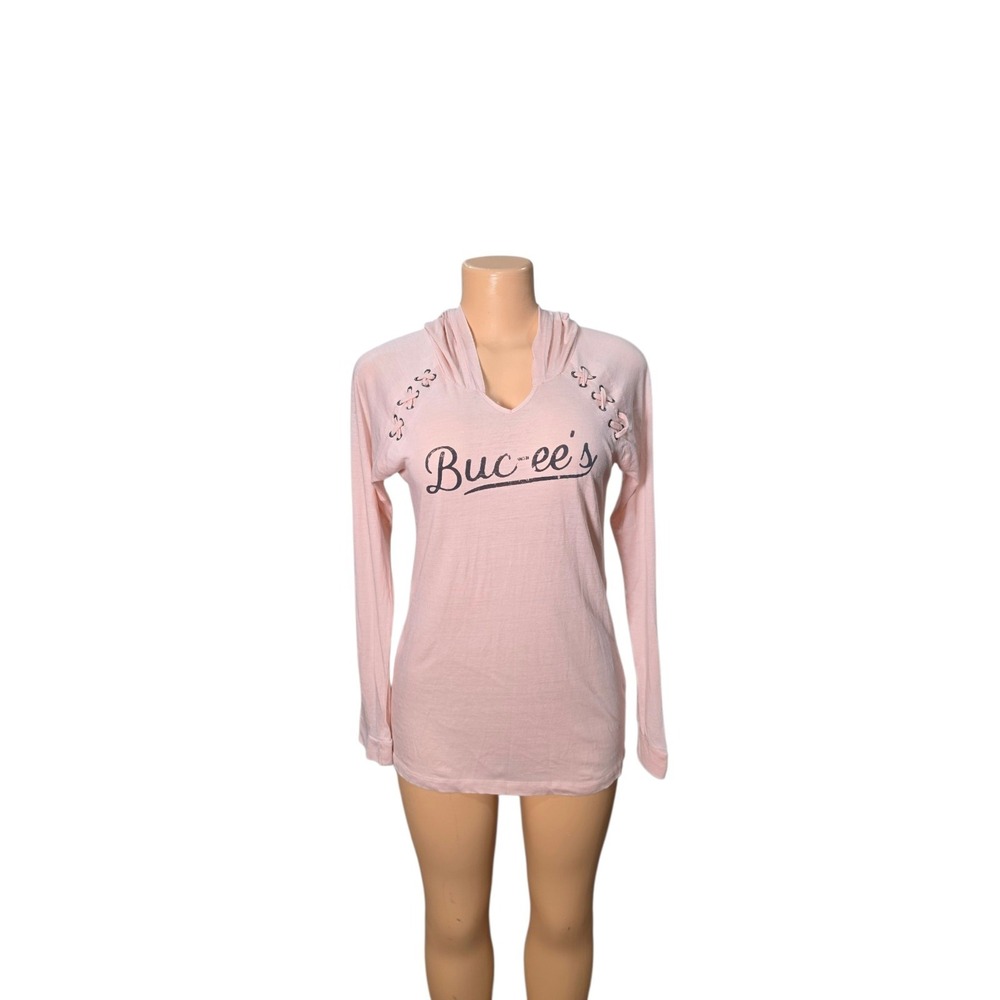 Women's Size Small Buc-ees Lightweight Summer Tee Shirt Hoodie Baby Pink